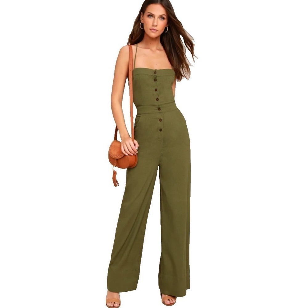 Lulus Beach Day Backless Jumpsuit Womens S Olive Resort Quiet Luxury Euro Summer